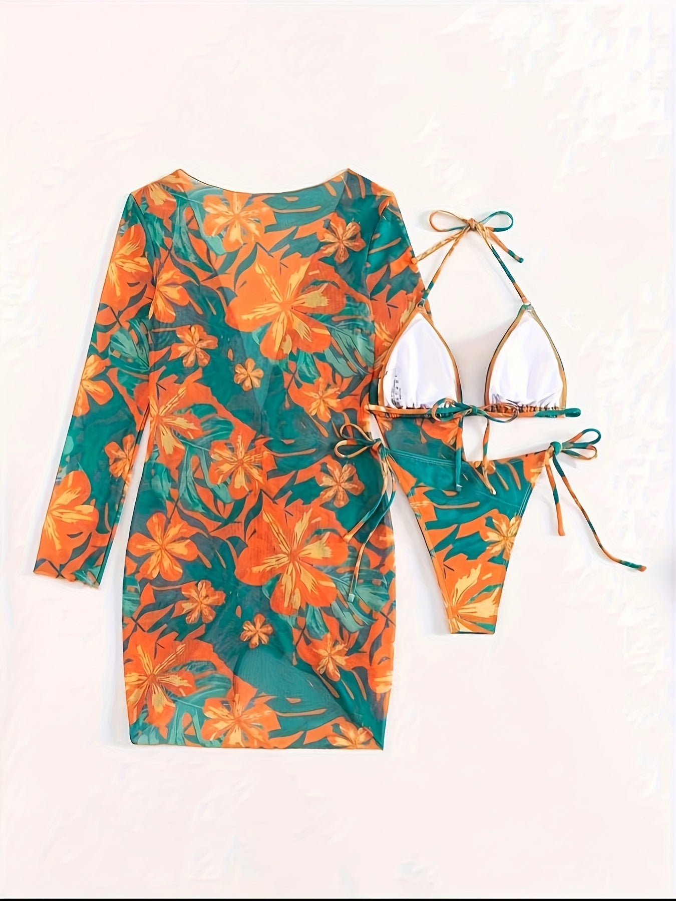 3pcs Floral Pattern Swimwear Set, Polyester and Elastane, High Stretch, Tropical Print, Long Sleeve, Deep V Neck, Lace-Up Detail, Knit Fabric, with No Belt, for Swimming