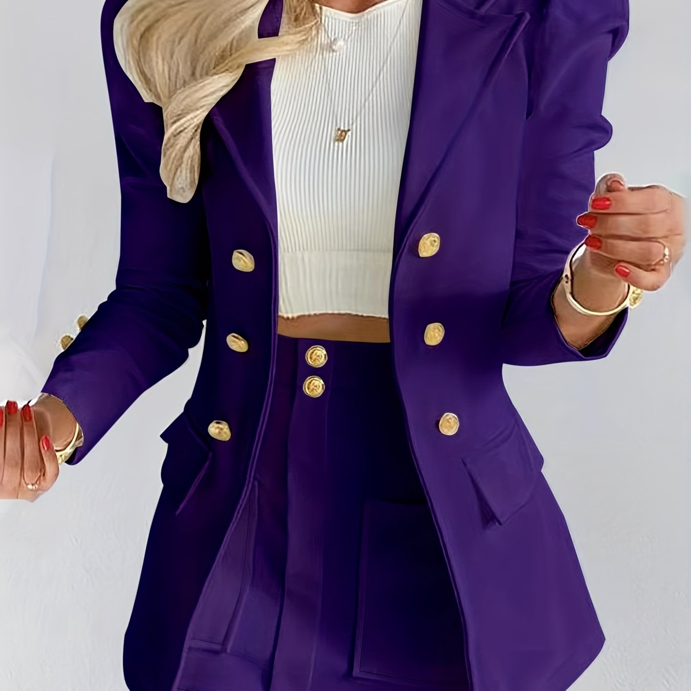 Two-piece Set, Solid Long Sleeve Elegant Blazers & Mini Skirt, Women's Clothing