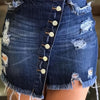 Women's Vintage-Style Denim Mini Skirt with Distressed Details and Raw Hem - Stretchy, Button-Fly Closure, Frayed Edges, Ideal for Spring/Summer/Fall, Denim Skirt