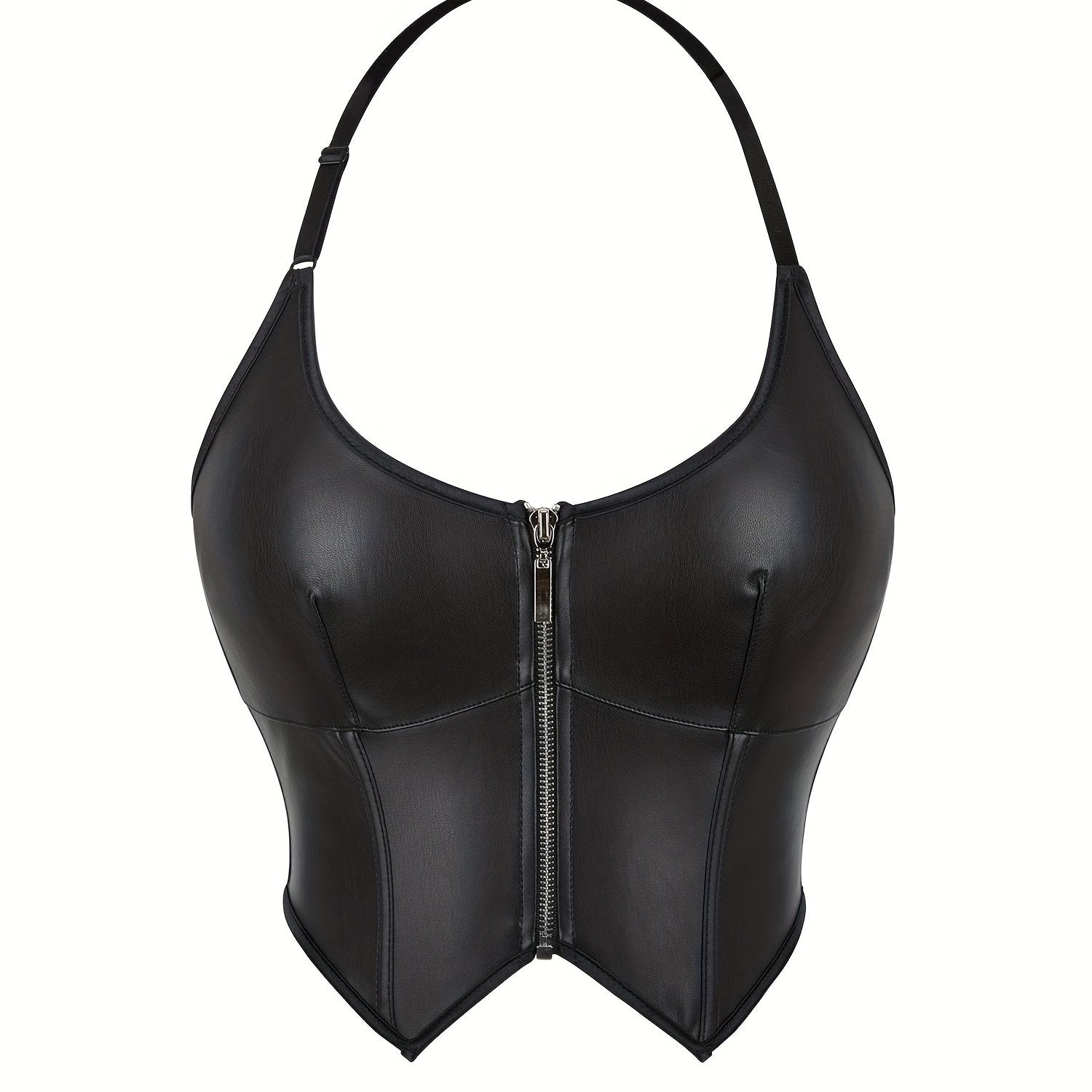 Lace Up Faux Leather Halter Neck Top, Stylish Backless Corset Crop Top, Women's Clothing For Y2K/Grunge Style