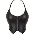 Lace Up Faux Leather Halter Neck Top, Stylish Backless Corset Crop Top, Women's Clothing For Y2K/Grunge Style
