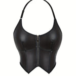 Lace Up Faux Leather Halter Neck Top, Stylish Backless Corset Crop Top, Women's Clothing For Y2K/Grunge Style