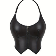 Lace Up Faux Leather Halter Neck Top, Stylish Backless Corset Crop Top, Women's Clothing For Y2K/Grunge Style
