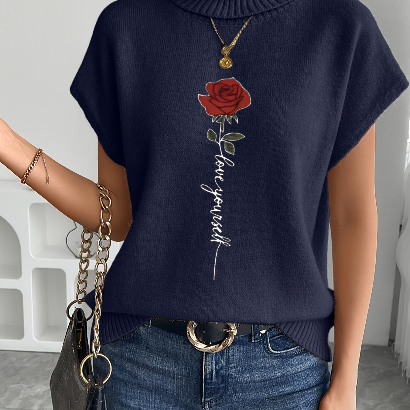 Women's Casual Rose Print Sleeveless Knit Vest - Elegant Beige Sweater with High Neckline and Stretchy Fabric, Perfect for Spring/Summer/Fall