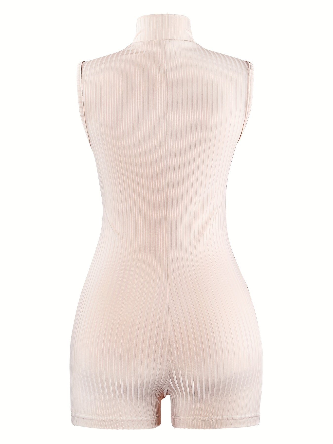 Women's Sexy Ribbed Sleeveless Zip-Up Romper - V-Neck, Stretchy Polyester Blend, Machine Washable, All-Season Bodycon Jumpsuit for Adults, Allseason Wear | Vneck Dress | Ribbed Texture