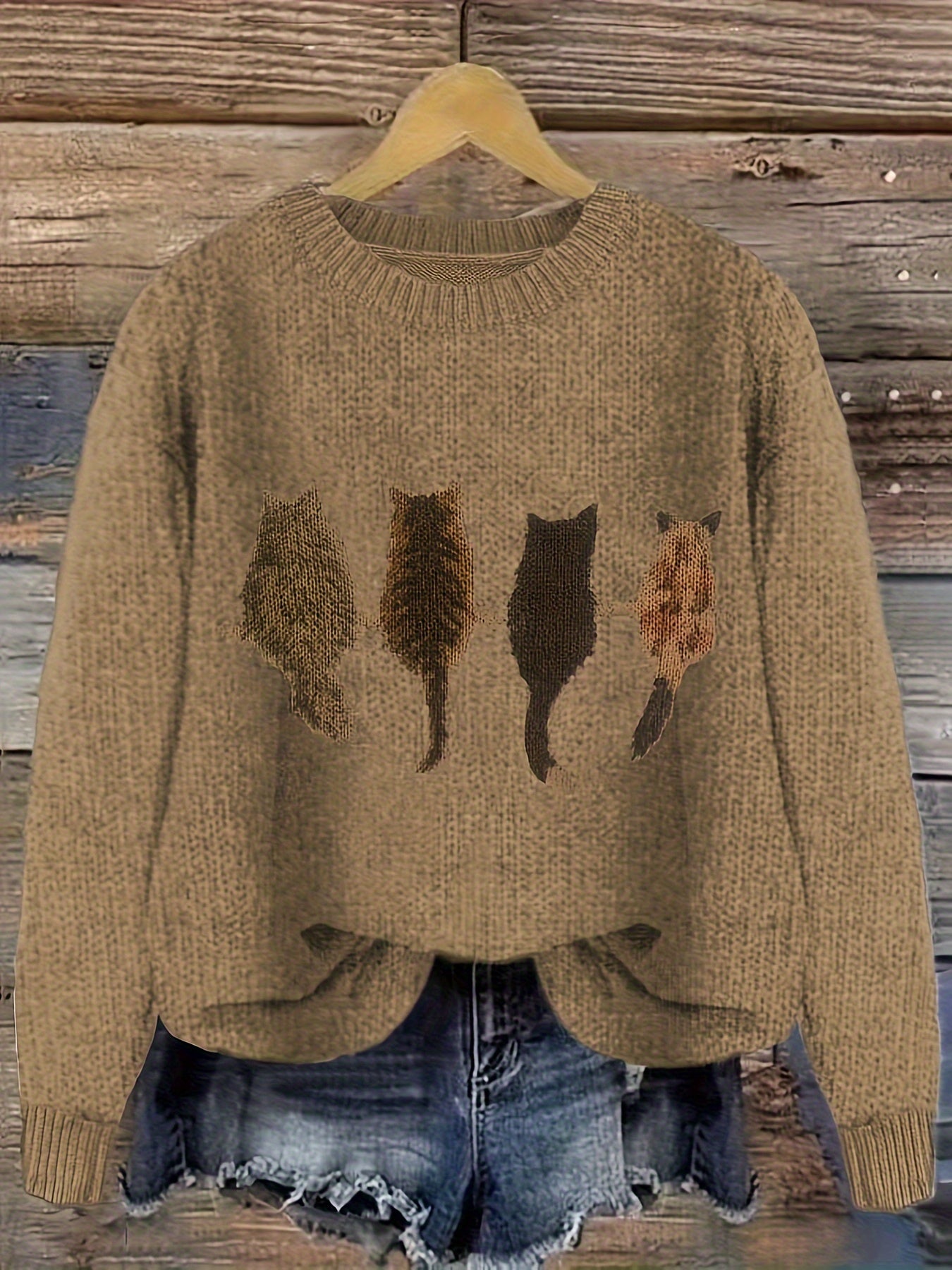 [Casual Cat Print Sweater] Color Block Cat Print Crew Neck Knit Sweater - Loose Fit Pullover - 100% Polyester - Women's Casual for Fall/Winter