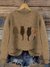 [Casual Cat Print Sweater] Color Block Cat Print Crew Neck Knit Sweater - Loose Fit Pullover - 100% Polyester - Women's Casual for Fall/Winter