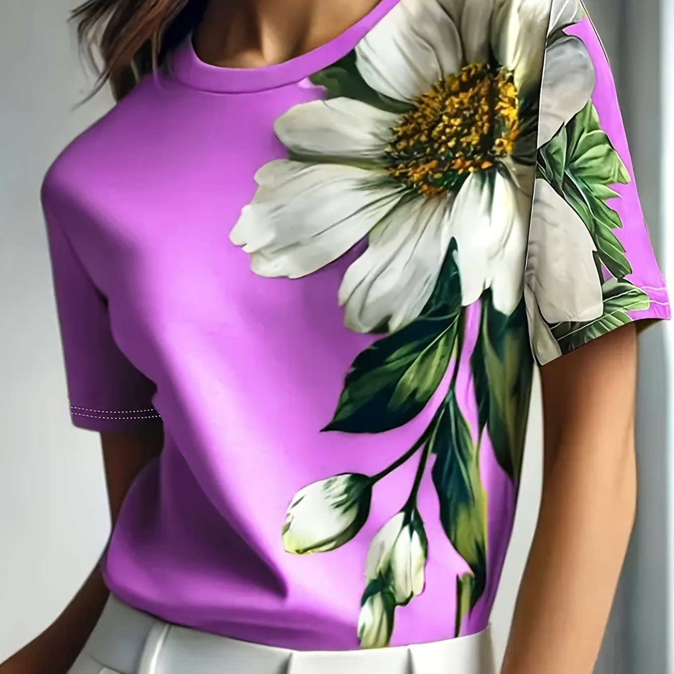 Women's Elegant Floral Print Short Sleeve T-Shirt - Bright Red with White Daisies and Green Leaves, Breathable Spring/Summer Casual Top | Floral Casual Tee | Comfort Fit, Women's T-Shirt