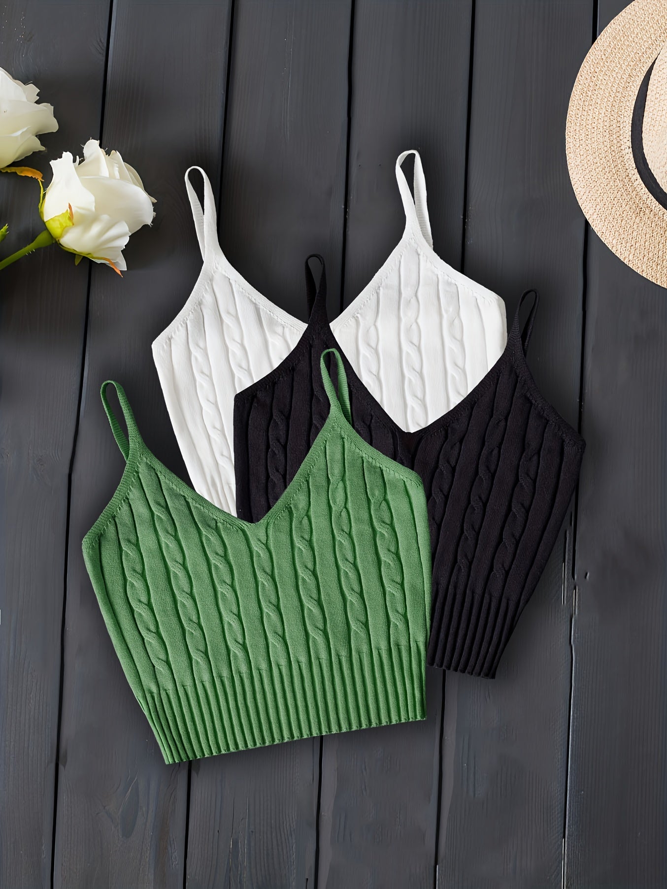 3-Pack Valentines Day Cable Knit Cami Tops - Soft V-Neck, Sleeveless Slim Crop, Adjustable Straps, Versatile Layering Essential - Womens Clothing, Celebrate Love in Style
