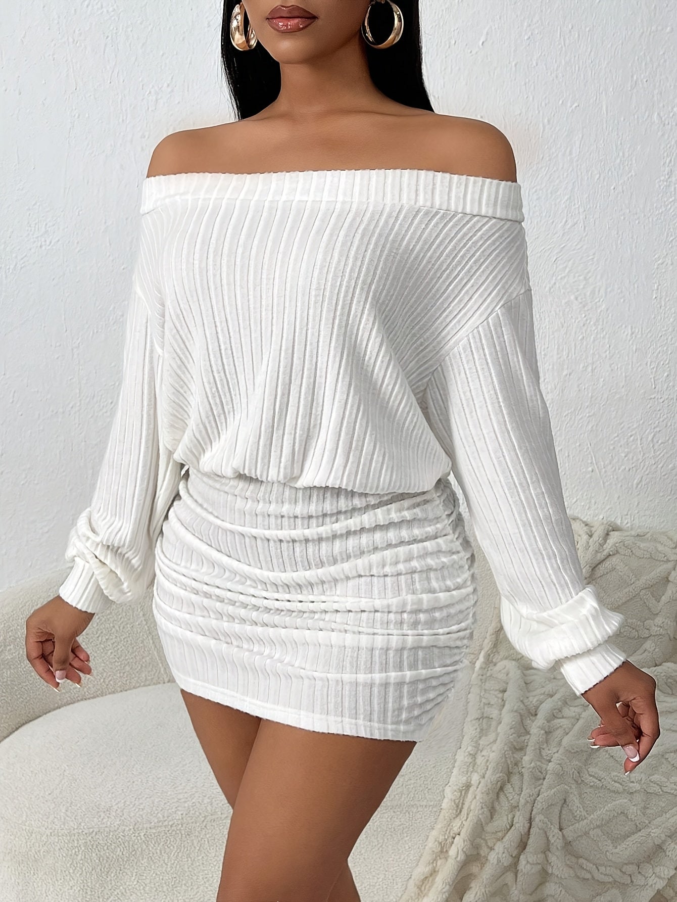 Youduomi Women's White Striped Off-Shoulder Bodycon Dress - Casual Chic Ruched Hem, Medium Stretch, Machine Washable for Spring Summer Fall, Seasonal Fashion, Mediumstretch Material