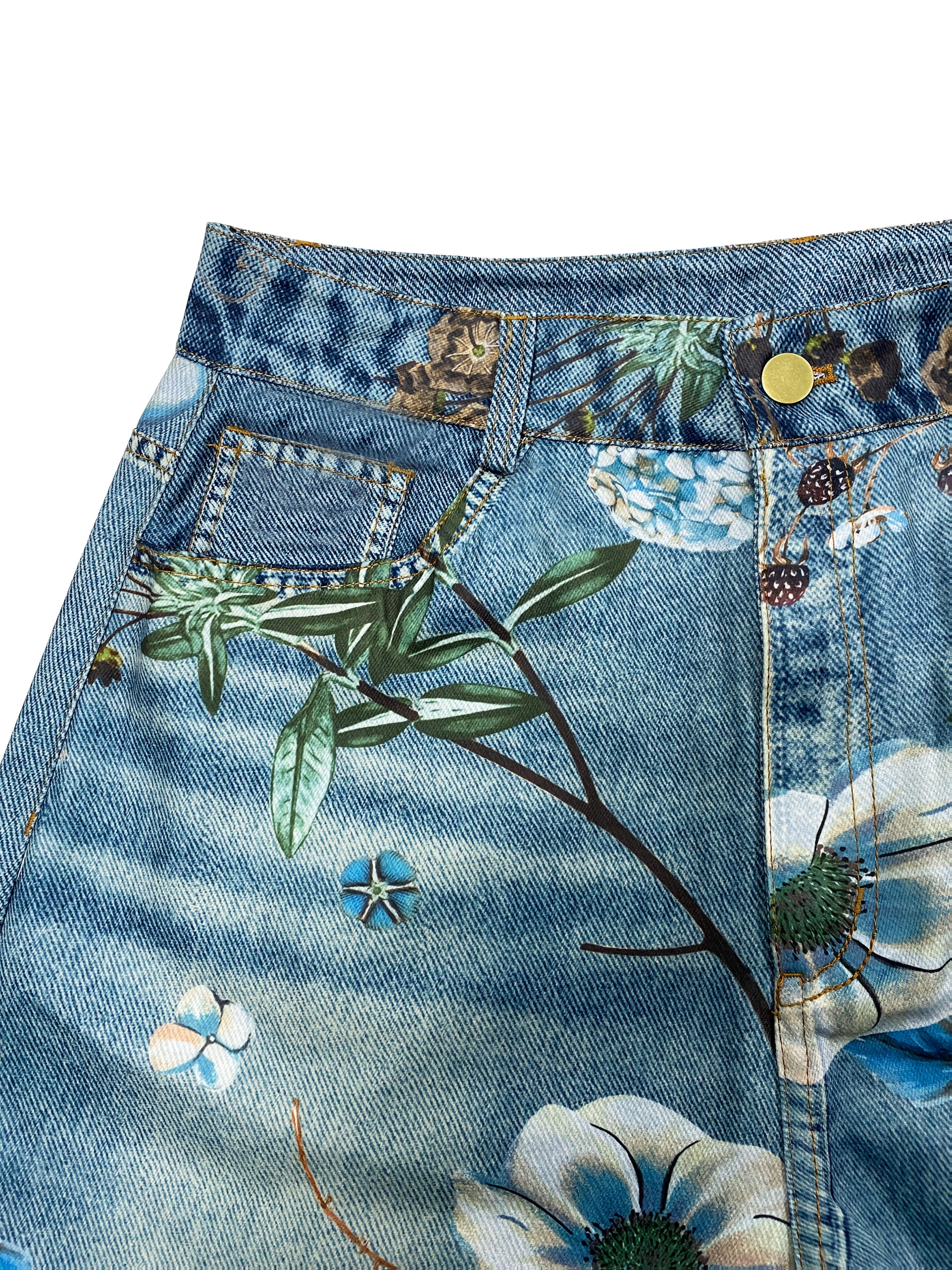 Loose-Fitting Casual Street Style Retro Floral Print High-Waisted Wide-Leg Blue Faux Denim for Women'S Fashion in All Seasons.