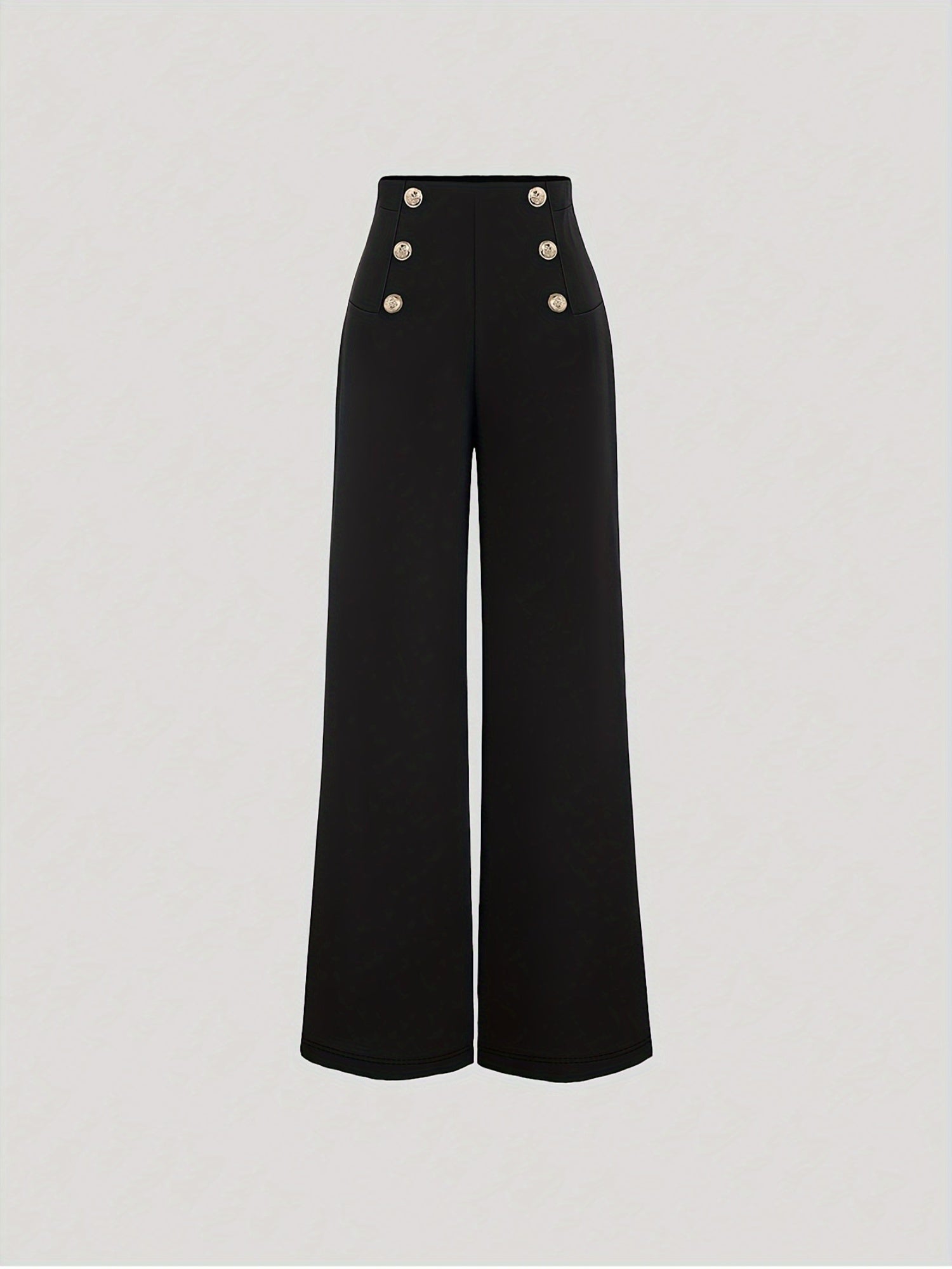 Women'S Elegant High-Waist Wide Leg Pants - Black Polyester Straight Leg with Button Detail, All-Season Fashionable Trousers for Casual or Dressy Wear