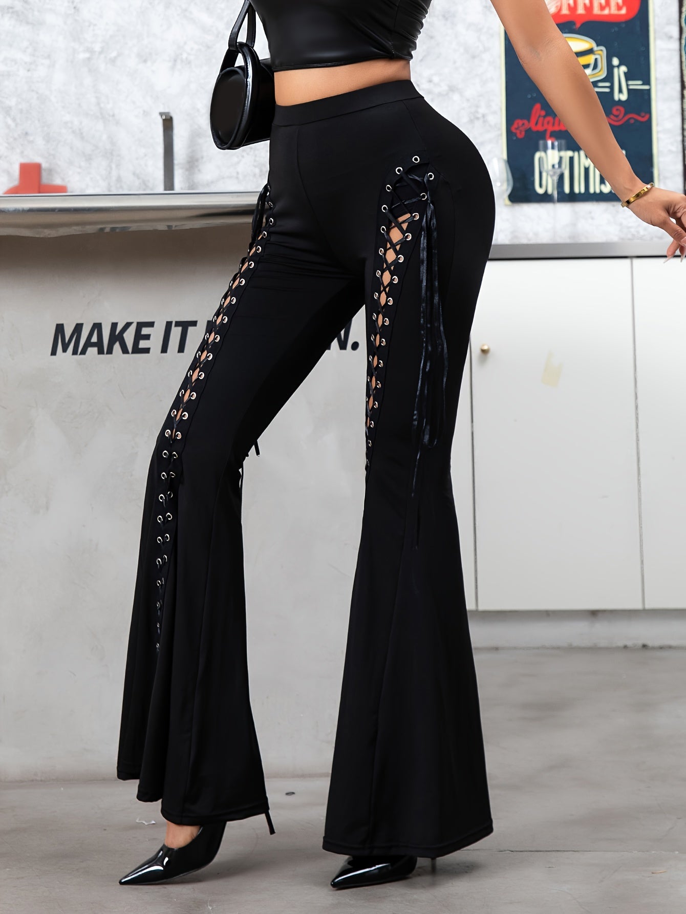 Flattering Flared Pants with Lace-up Accents - Stylish Polyester Blend Knit Fabric - Fashionable Adult Size for Fall/Winter - Comfortable, Figure-Hugging Design with Knit Fabric for Ultimate Freedom of Movement