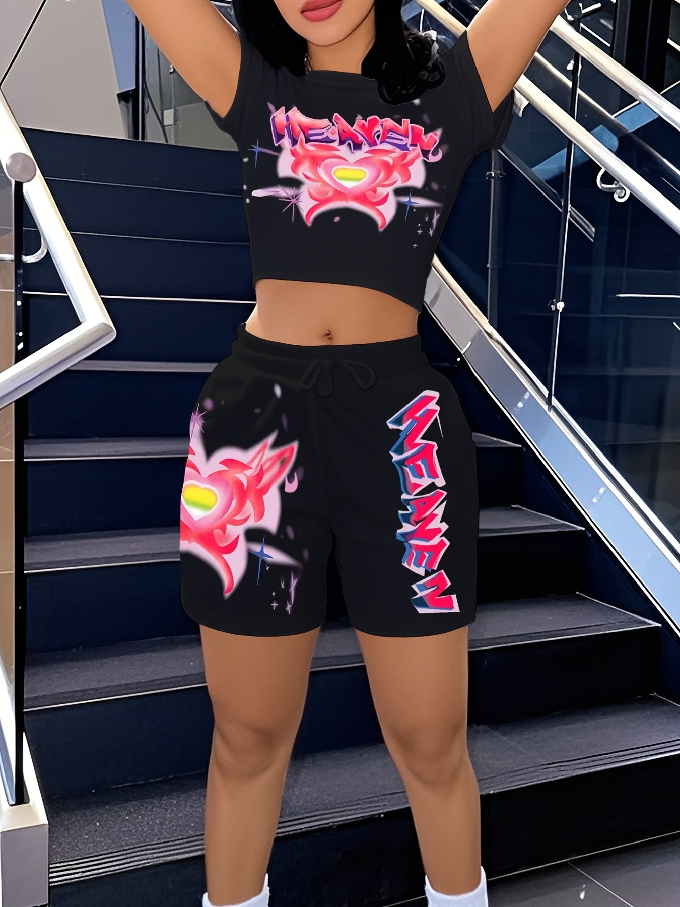 Patterned Women's Heart and Letter Print Short Sleeve Top and Waist Shorts Two-Piece Set