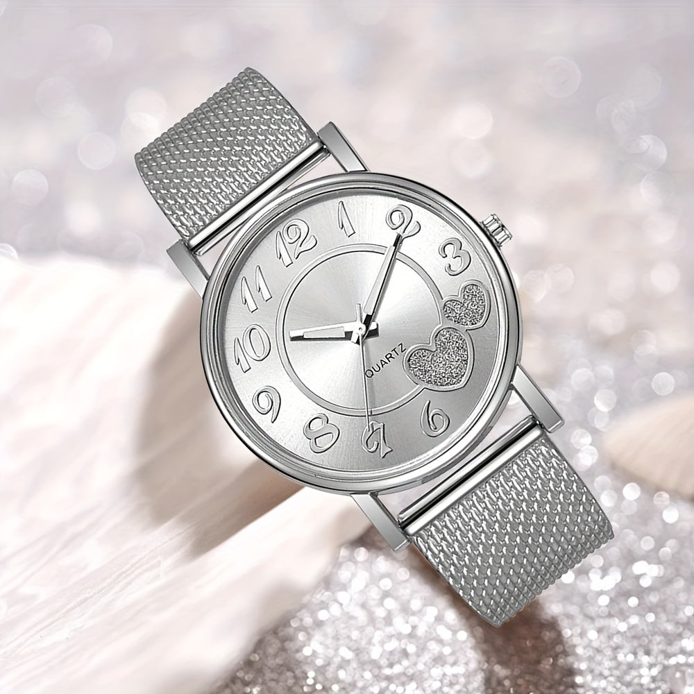 6pc New Elegant Fashion Ladies Round Watch + Simple Fashion Jewelry Set Valentine's Day Easter Ramadan Birthday Christmas, Gifts For Friends And Family Eid Al-Adha 【Middle East Orientation】