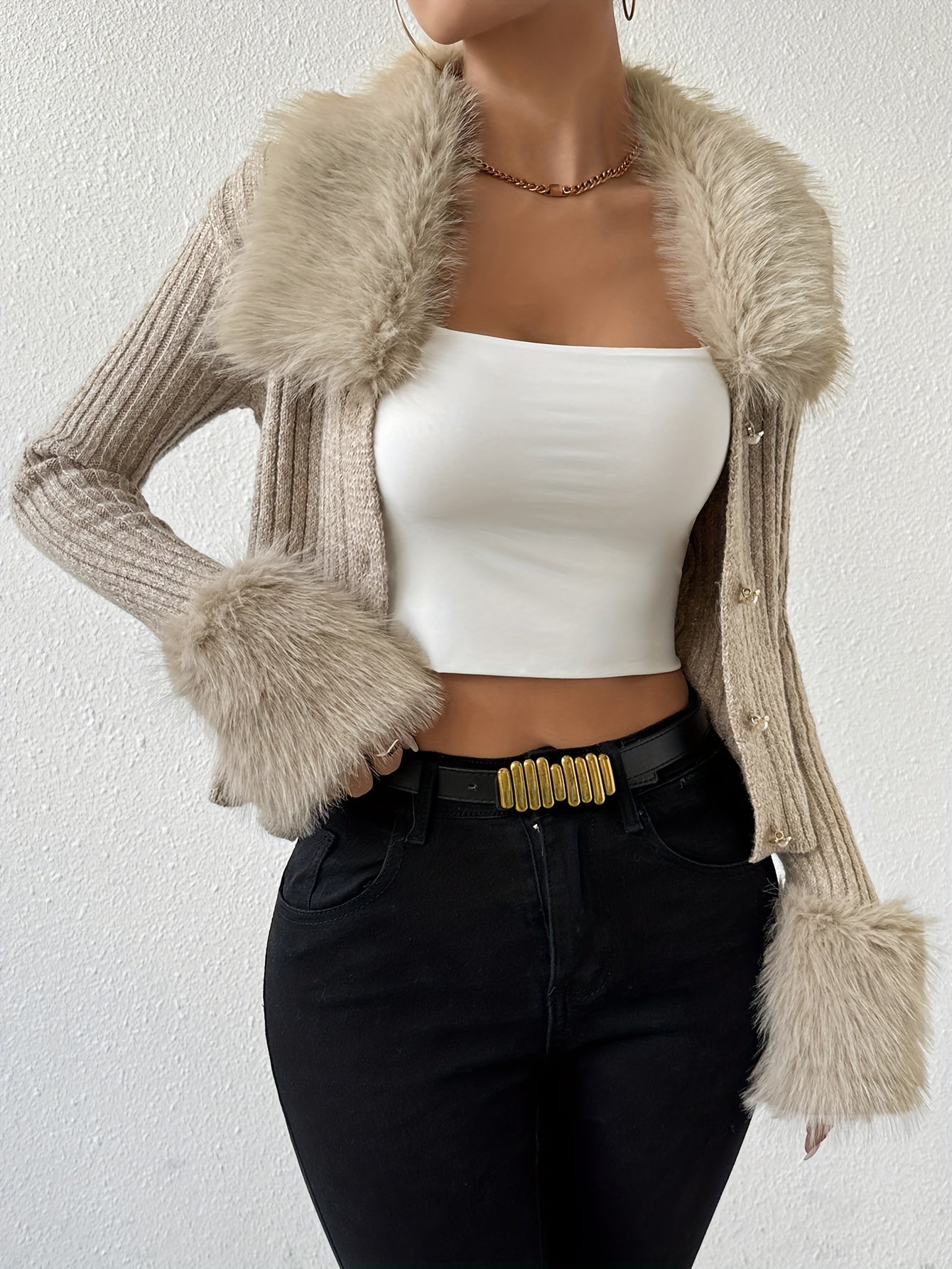 Luxurious Faux Fur Cardigan with Stylish Lapel - Snug Button Front & Premium Knit for Cozy Warmth - All-Season Womens Outwear for Fall & Winter