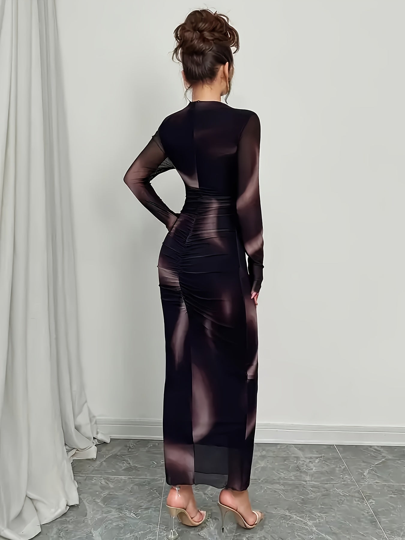 Elegant Geometric Print Chiffon Maxi Dress for Women - Long Sleeve, Stand Collar, Polyester Blend, All-Season Wear, Perfect for Adult, Elegant Attire|Geometric Pattern|Polyester Blend