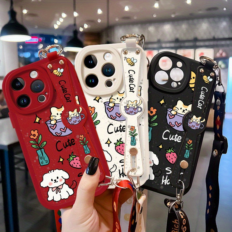 A Cute Cartoon Creative Teacup with a Kitten Design, Fully Wrapped And Shockproof, Suitable for Apple Iphone 16/15/14/Pro Max/Plus/Pro Cases for Phone 13/12/11 Pro/Mini with Full Coverage MAX Protection, Featuring a Lanyard T