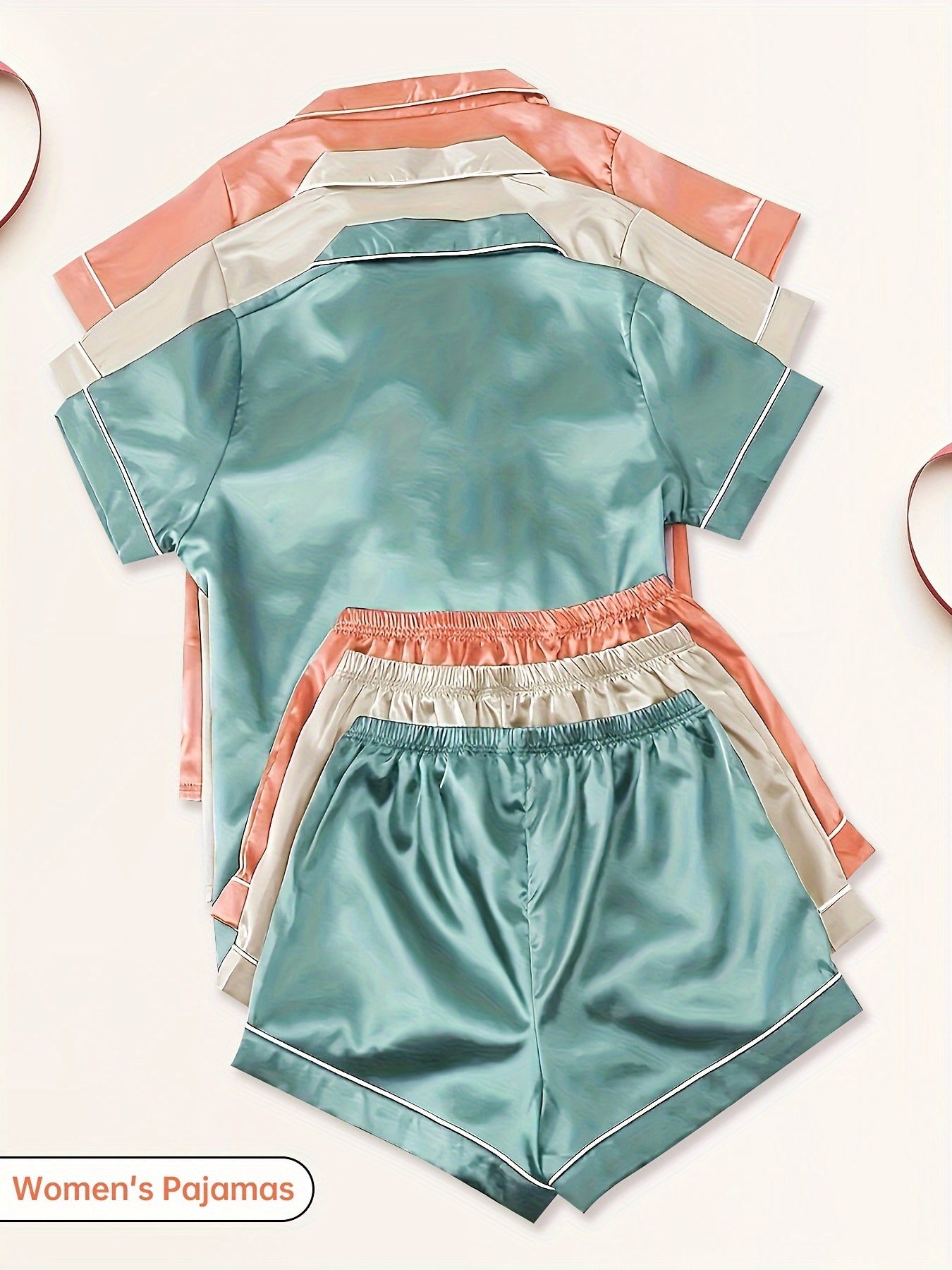 3-Piece Women's Satin Pajama Sets – Short Sleeve Lapel Top & Elastic Waist Shorts, Soft Loungewear Sleepwear Set