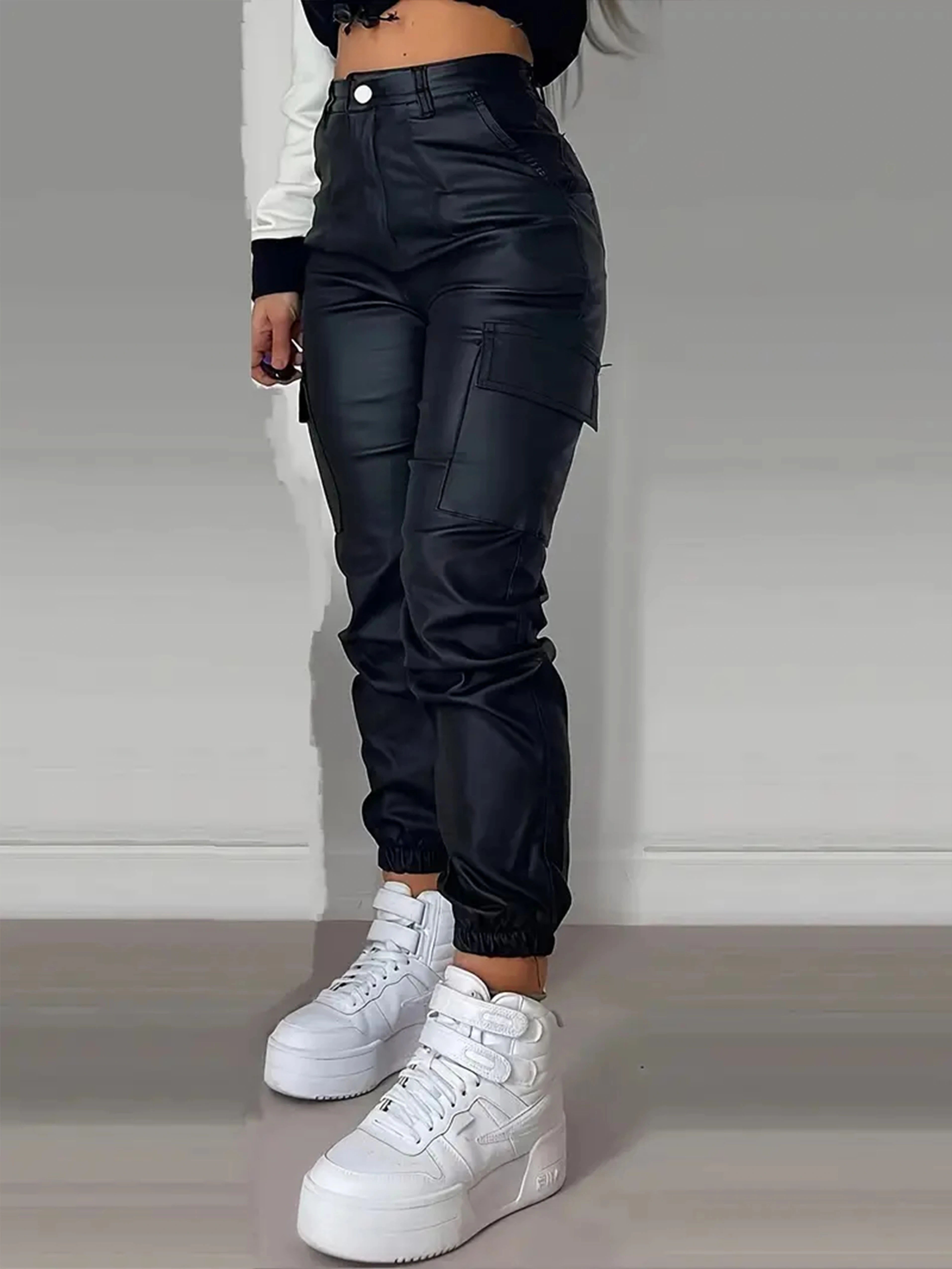 Women's Street Style High-Rise Cargo Jeans - Solid Color, Smooth Fabric, Medium Stretch, Woven | Multi-Pocket Design | Glossy Finish | Comfort Fit | All-Season Wear