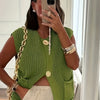Women's Casual Sleeveless Knit Vest with Large Button Front and Patch Pockets - Lightweight Polyester Cardigan for Spring/Summer/Fall - Green, Knit Cardigan