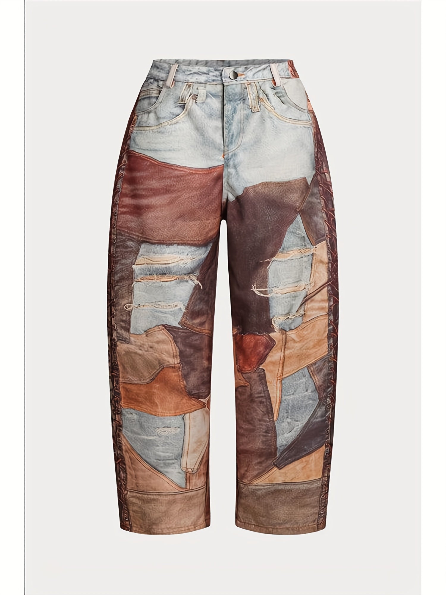 Plus-size Women'S Fashionable Spliced Wide-leg Pants, Featuring Buttons, Zippers And Color-block Design, Are Made Of Imitation Denim Fabric. With The Printing Process, An Elastic Waistband And A Loose Fit, They Exude A Strong