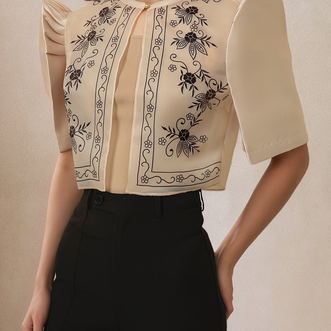 Women's Lightweight Floral Print Puff Sleeve Blouse - Semi-Sheer Round Neck Casual Chic Top for Work, Outings & Leisure | Spring Summer Machine Washable Shirt, Work Apparel | Elegant Design, Ladies Blouses