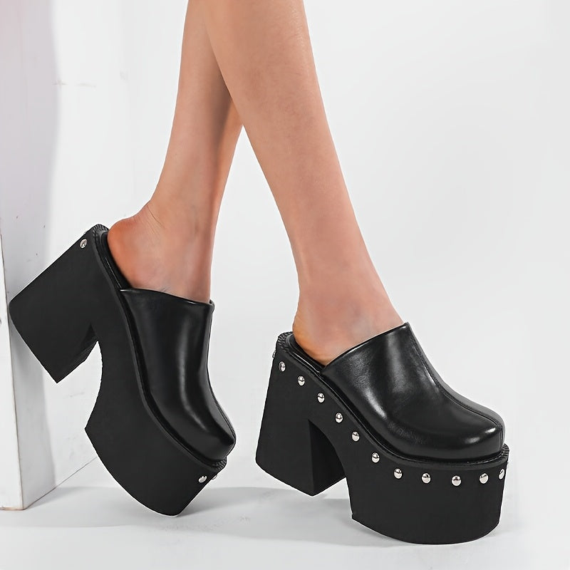 Women's Black Platform Wedge Sandals with Metallic Studs, Round Toe Slip-On High Heels - Stylish Summer Fashion Shoes for Parties and Events