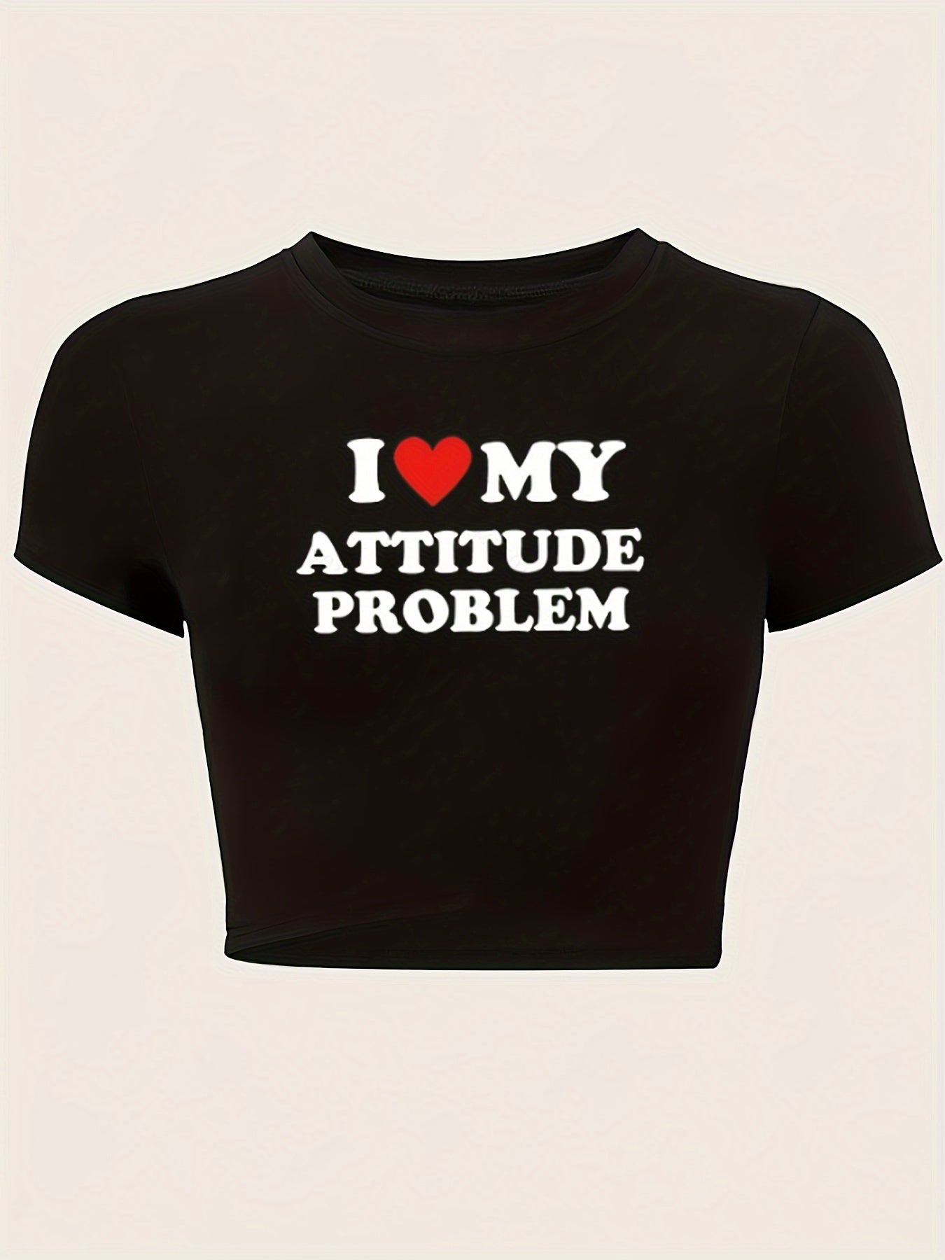 Heart Print Crop Slim T-Shirt, Y2K Short Sleeve T-Shirt For Spring & Summer, Women's Clothing