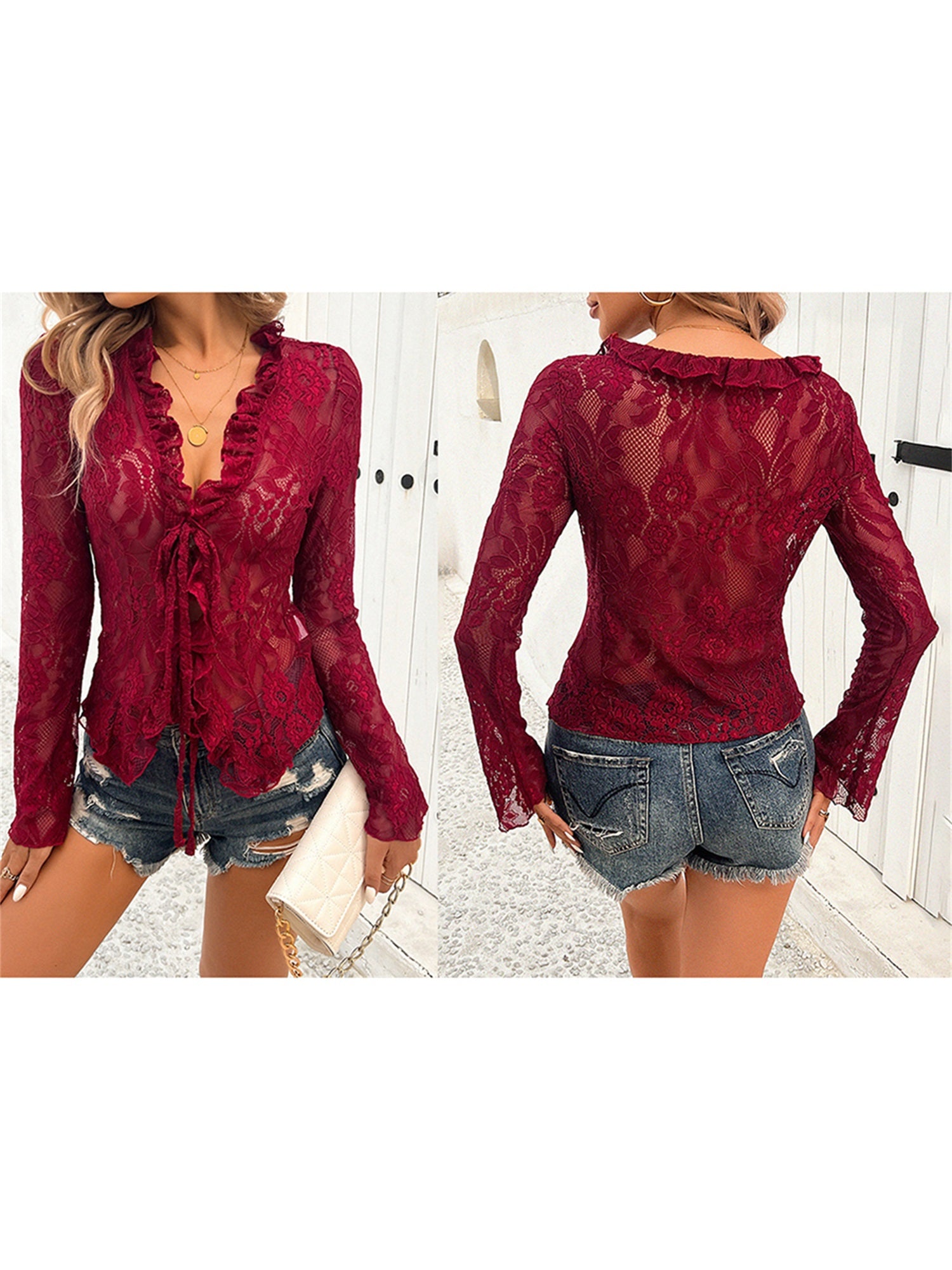 Women's Sheer Blue Lace Tie-Front Blouse - Long Sleeve V-Neck Floral Top for Casual & Clubwear, High Stretch Polyester Fabric, Elegant Ruffled Detailing, Casual Clubwear | Floral Lace Design | Intricate Lace Texture