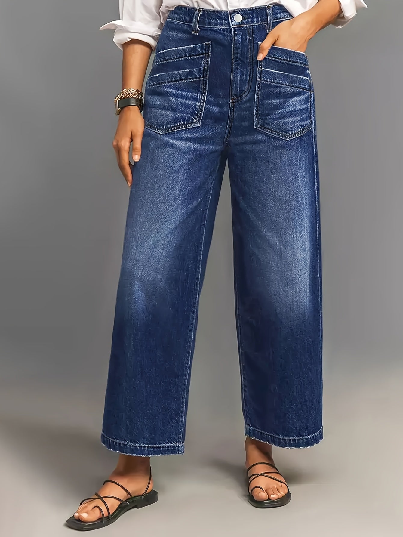 Women's Slimming Wide Leg Jeans Pants - European & American Style Casual Loose Fit with Multiple Pockets, Machine Washable Denim for Spring Summer Fall