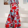 Women's Floral Print V-Neck Short Sleeve A-Line Dress - Red & Light Blue Summer Casual to Party Dress with Split Hem, Machine Washable Loose Fit Streetwear, Short Party Dress, Cocktail Attire, Comfortable Wear