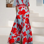 Women's Floral Print V-Neck Short Sleeve A-Line Dress - Red & Light Blue Summer Casual to Party Dress with Split Hem, Machine Washable Loose Fit Streetwear, Short Party Dress, Cocktail Attire, Comfortable Wear
