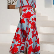 Women's Floral Print V-Neck Short Sleeve A-Line Dress - Red & Light Blue Summer Casual to Party Dress with Split Hem, Machine Washable Loose Fit Streetwear, Short Party Dress, Cocktail Attire, Comfortable Wear