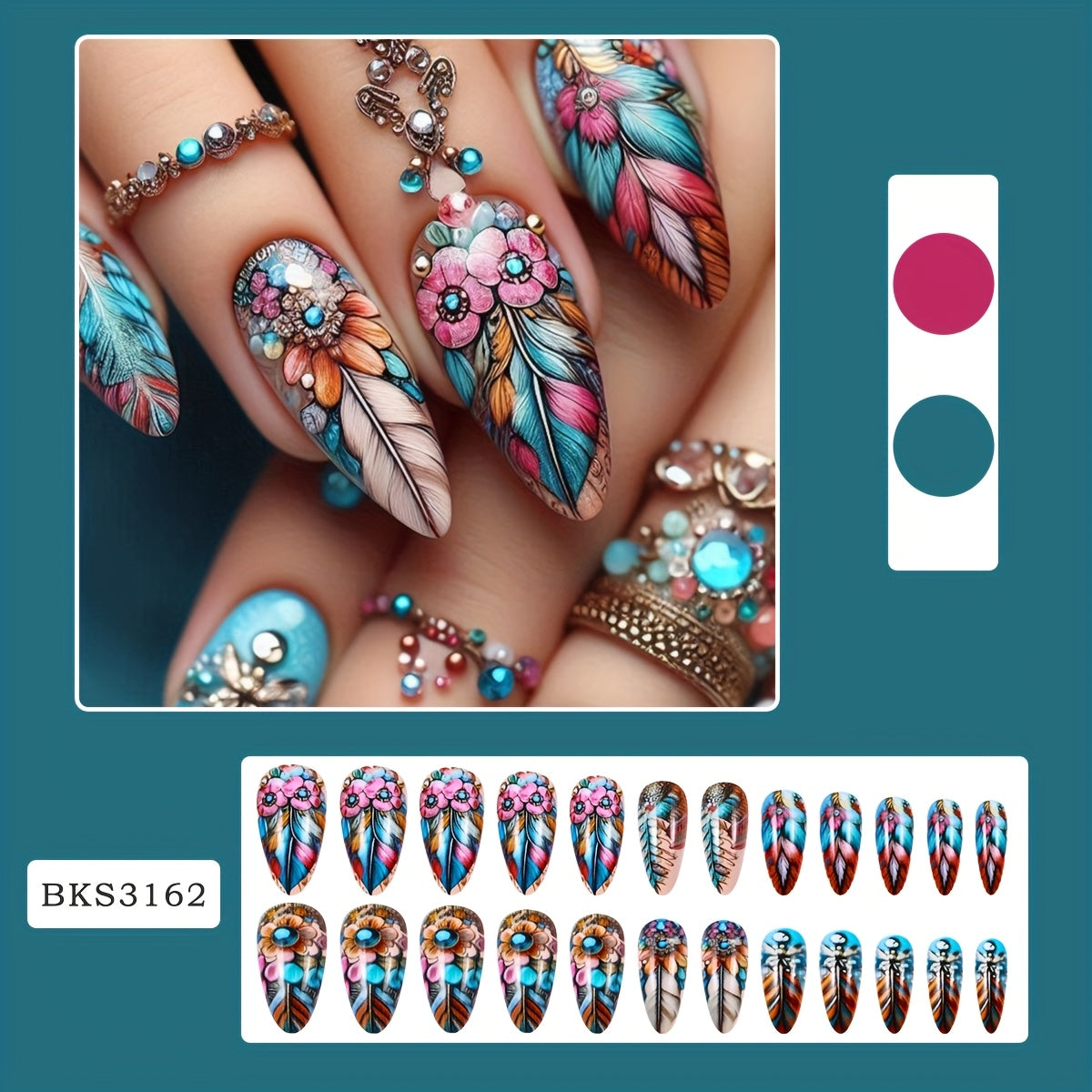 72pcs 3box European And American Wearable Nail Color Feather Nail Patch Retro Ins Style Nail Patch Wearable Fake Nail