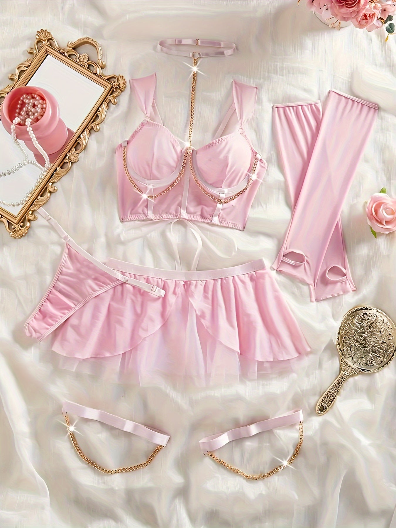 Hot Fashion Design Lingerie Set, Chain Tie Neck Tight Corset&skirt&sleeves&thong And Leg Rings, Women's Sexy Lingerie And Underwear