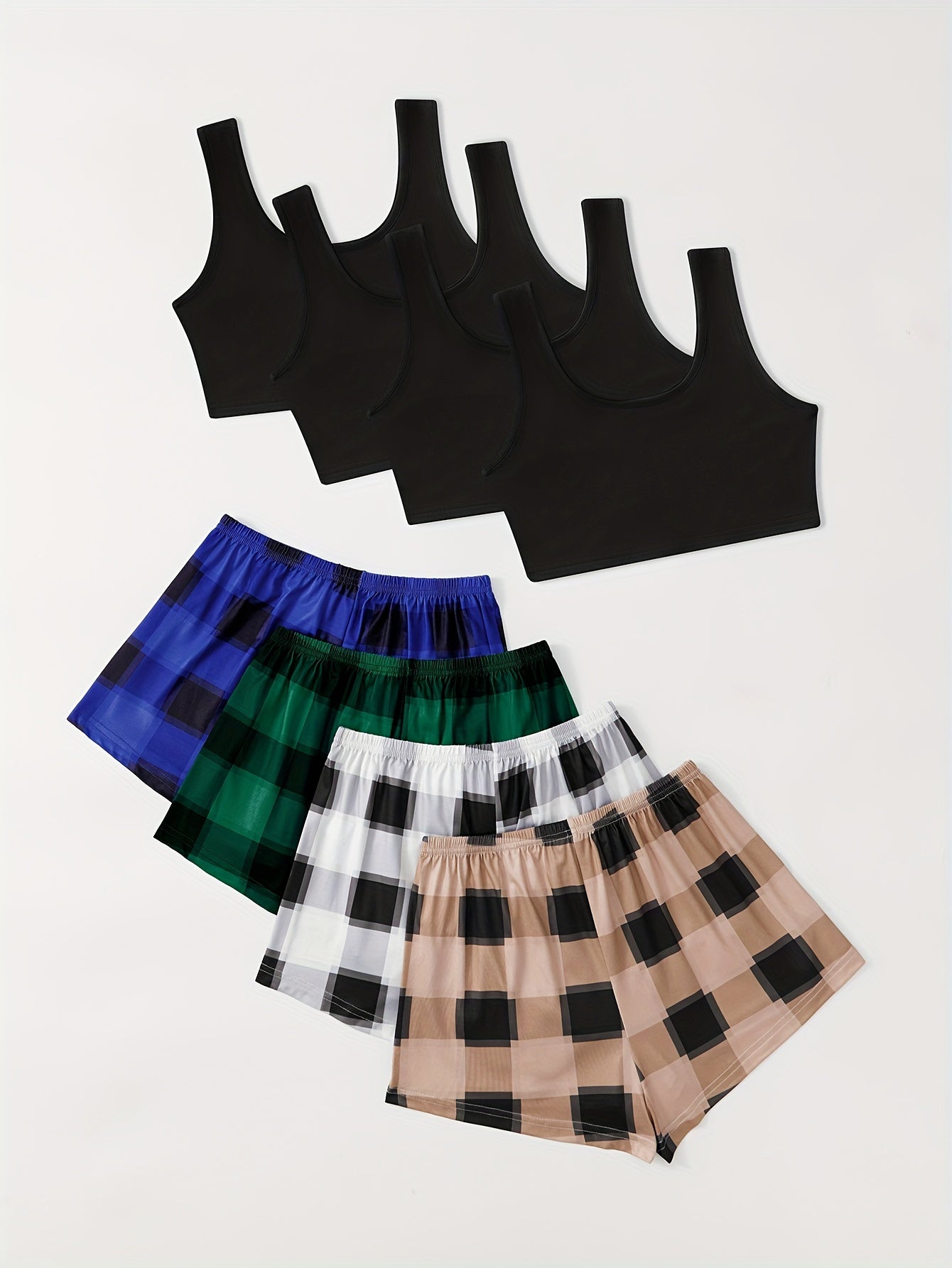 4 sets 4-Piece Plaid Print Lounge Set: Casual Crop Top & Lace Bow Shorts for Women