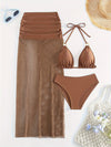 Chic Women's 3pcs Summer Beach Set: Sexy Halter Neck Bikini with High-Waisted Bottoms & Sheer Mesh Cover-Up Skirt - Stretchy Polyester/Spandex Blend, Machine Washable