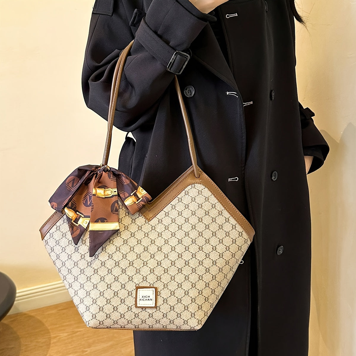 Timeless Chic - Niche Shoulder Bag with Fashion-Forward Scarf Accent - Versatile Classic Pattern Design for Womens Everyday Style
