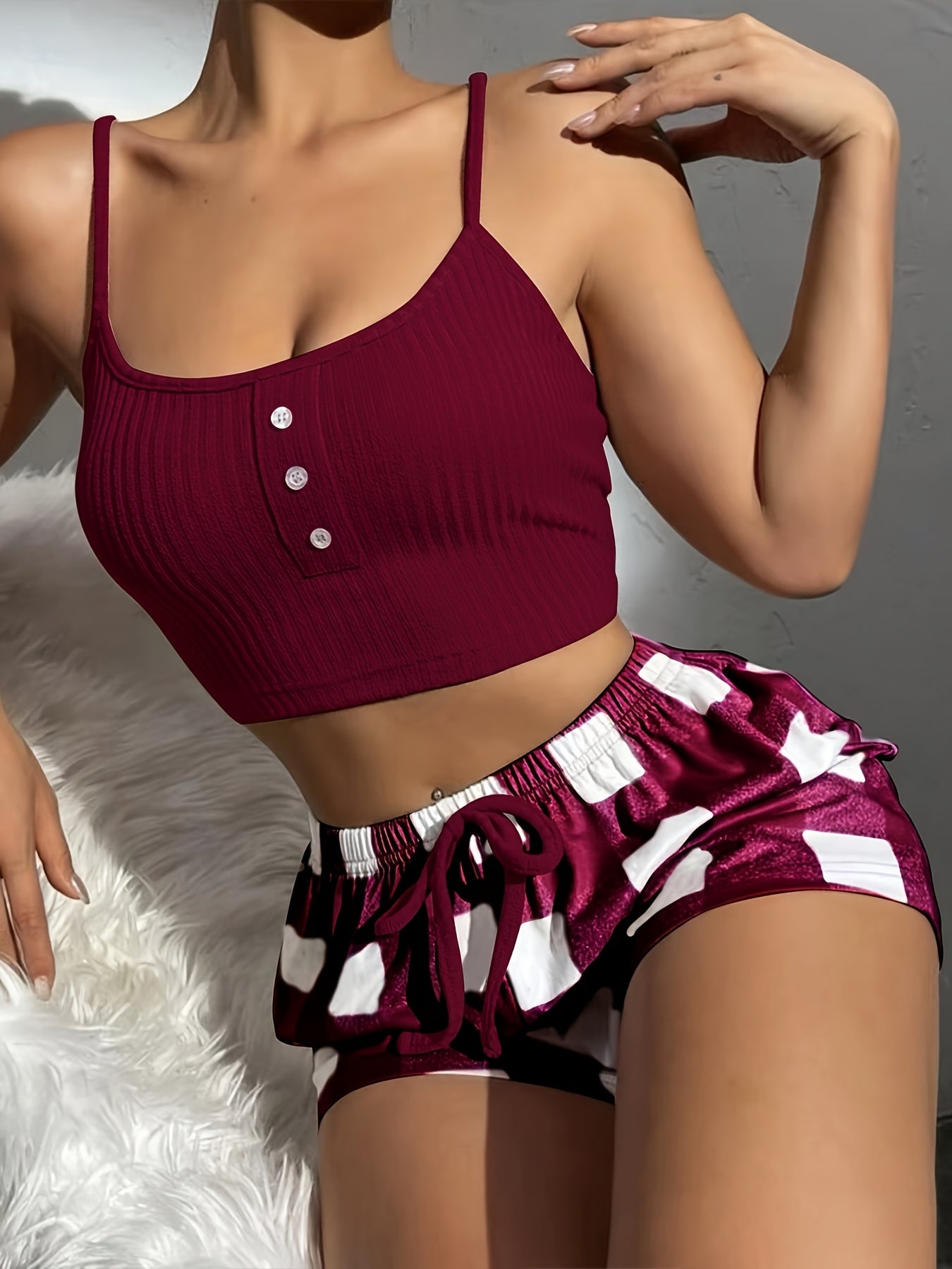 Plaid Print Lounge Set, Casual Ribbed Button Detail Round Neck Crop Cami Top & Drawstring Shorts, Women's Loungewear