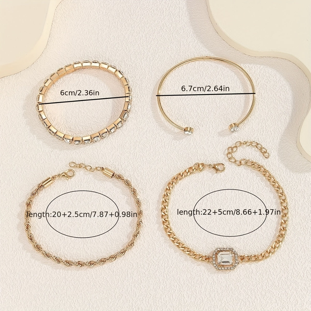 4pcs/Set Elegant Imitation Gemstone Rhinestone Claw Chain Twist Bracelet Open Bangle for Women, Perfect for Vacation & Casual Attire