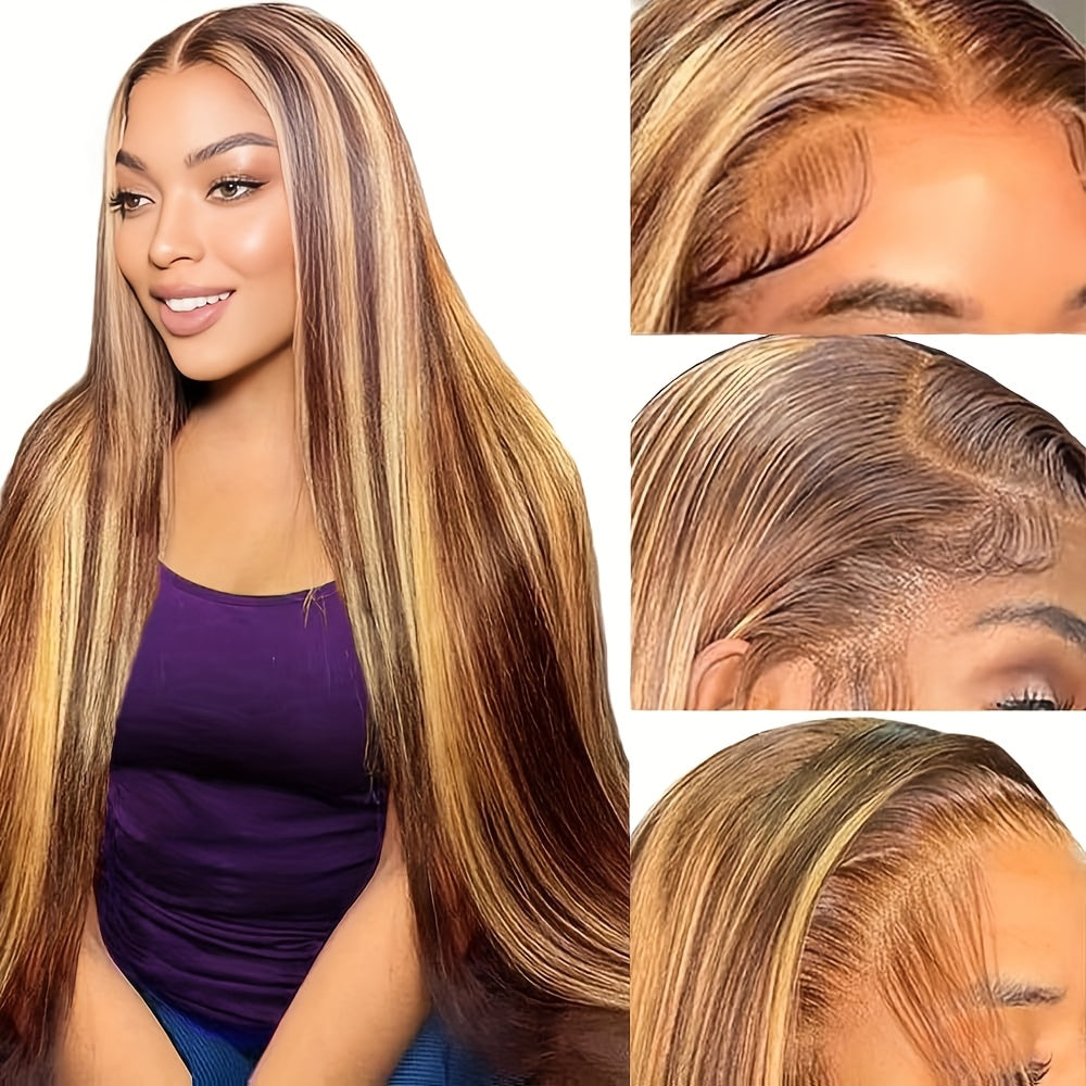 13x4 Honey Blonde Straight Lace Front Wigs Human Hair Highlight Ombre 200% Density Pre Plucked Pre Cut Transparent Frontal Human Hair Wigs For Women With Baby Hair 4/27
