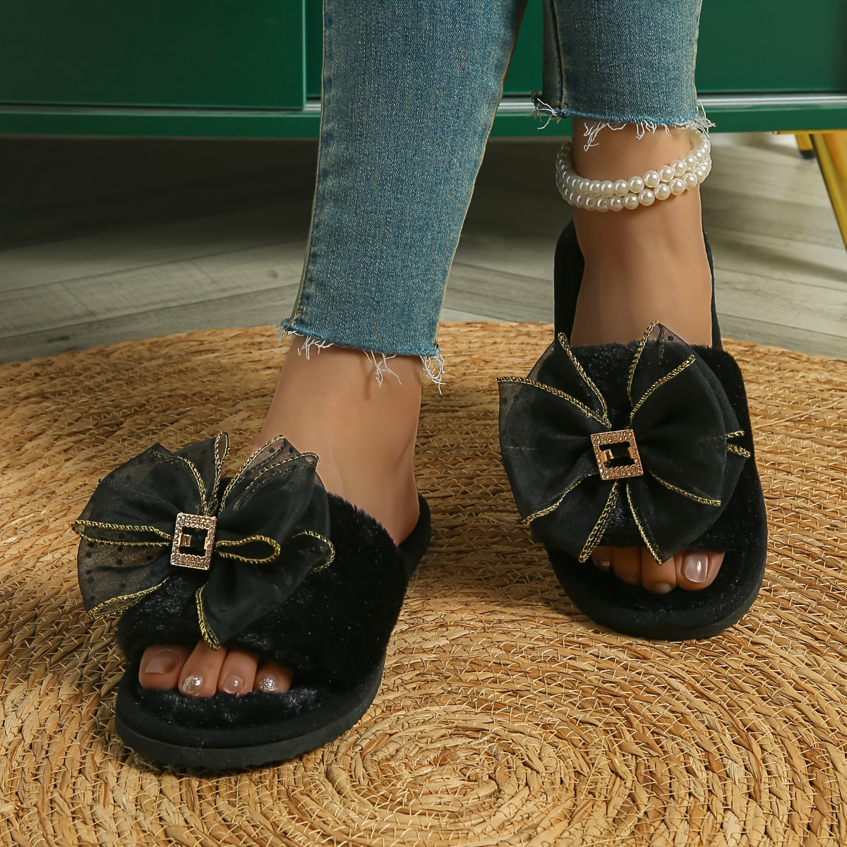 Women's Indoor Furry Slippers with Open Toe, Rhinestone and Bow Detail Elegant Home Slip-Ons in Plus Size Soft Comfort