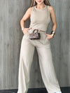 Women'S Beige Sleeveless Tank Top & Wide-Leg Pants Set - Casual Vacation Style, Polyester Blend, Drawstring Waist, Casual Attire|Sleeveless Top|Polyester Blend