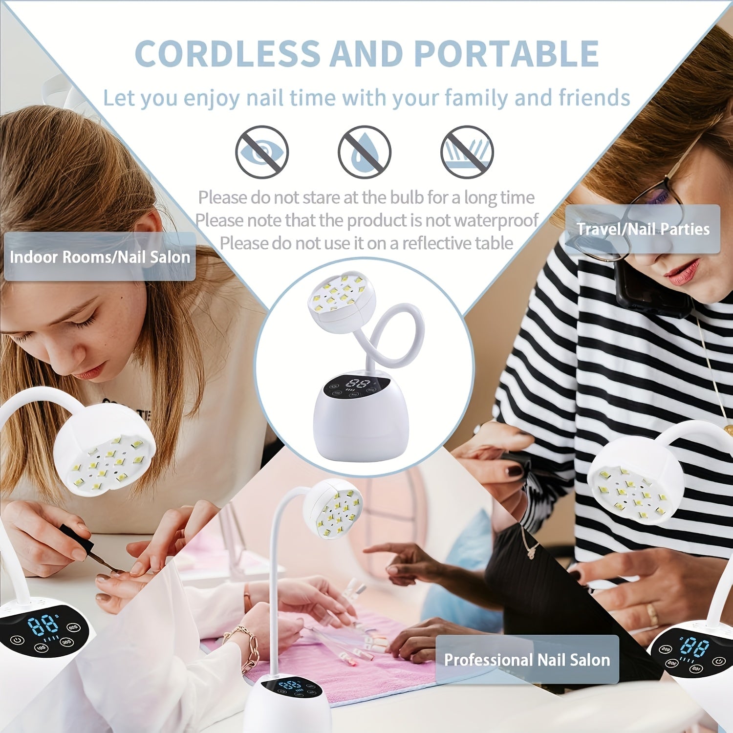 36W Portable UV LED Nail Lamp - Cordless Gel Polish Dryer with Auto Sensor, 3 Timer Settings, LCD Display & Rechargeable USB Battery for Home DIY Manicures, White