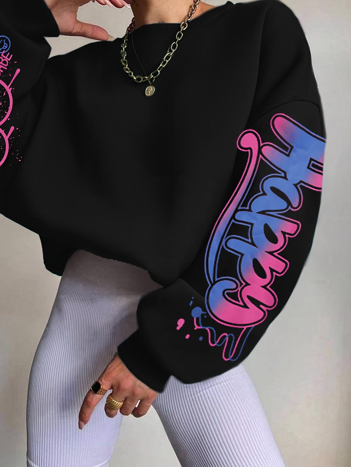 Women's Elegant Graffiti Letter Print Sweatshirt - Black with Pink & Blue Art, Round Neck, Medium Stretch, Machine Washable, Autumn Winter Casual Pullover, Ladies Sweatshirts, Everyday Comfort, Bold Graphic Design, Medium Str
