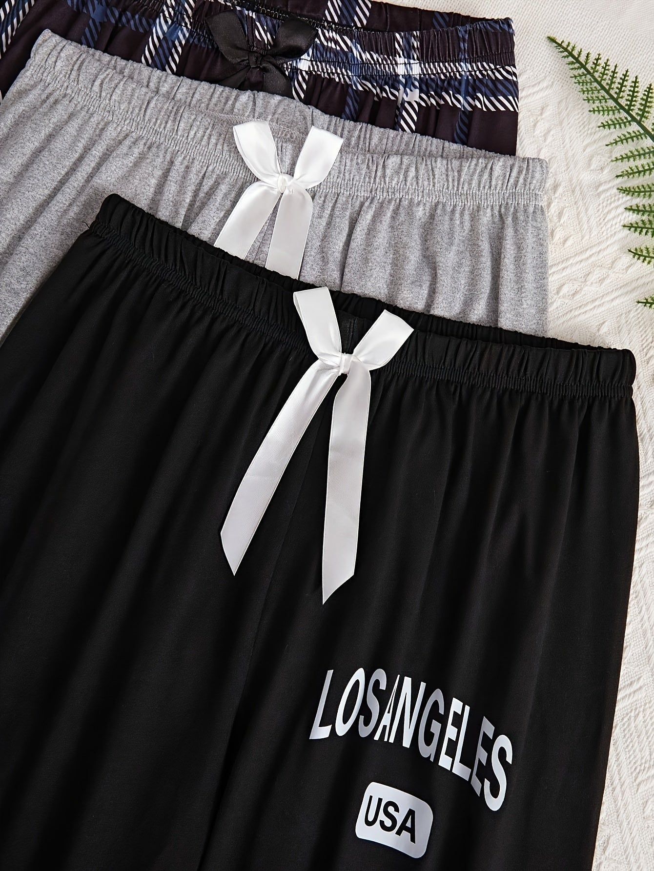 Women's 3pcs Plaid Sleepwear Set - Comfy Polyester & Elastane Blend, Machine Washable, All-Season Lounge Pants