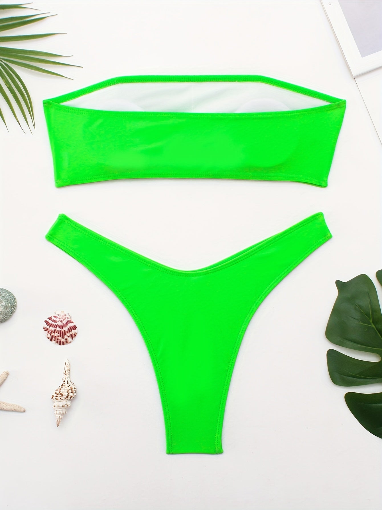 2 Piece Bandeau Letter Print Bikini Set - Stretchy High Cut Swimsuits with Applique Details, Polyester Material, and Machine Washable - Customized Alphabet Print Swimwear for Women