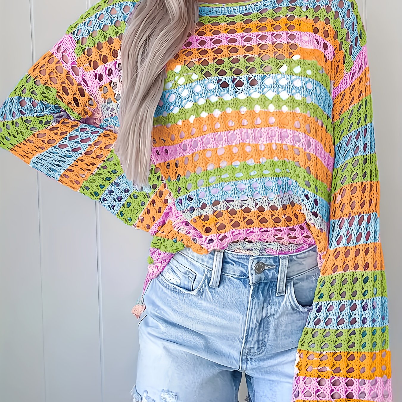 Women's Bohemian One-Shoulder Crochet Cover-Up - Lightweight Lace- Beach Top with Color-Block Design, Short Front & Long Back, Multi-Color Pastel Shades for Spring/Summer Vacation Poolside Casual Wear, Curve Beachwear