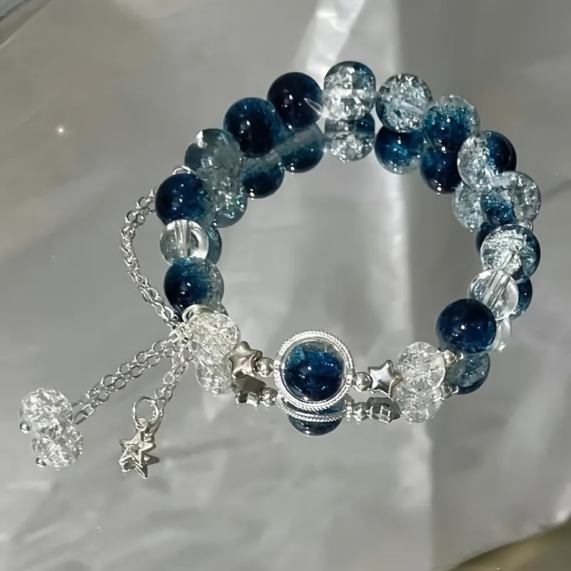 (100pcs) 4pack Glossy Long Ballerina Fake Nails + 4pcs Bracelet Blue Gradient Press On Nails With 3D Flower Butterfly Rhinestone Design Beads Bangle Sparkling Full Cover FalseNails For Women Girls